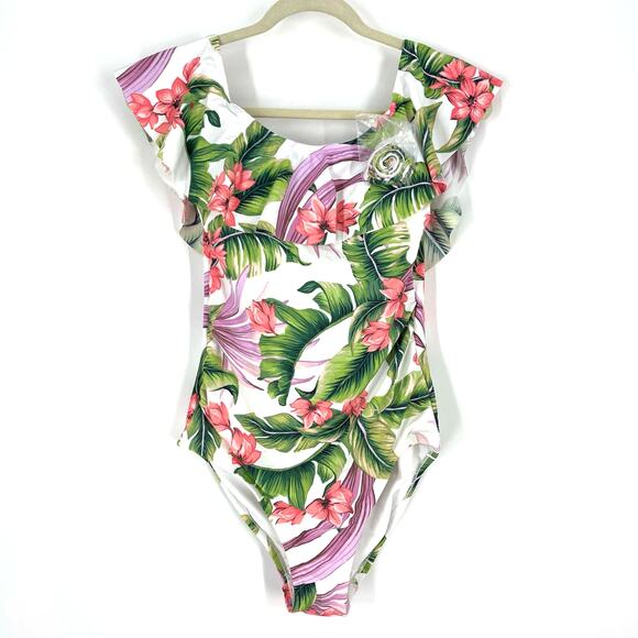 NWT Kona Sol One Piece Floral Swimsuit Size Medium 8/10 Off Shoulder Flounce - Picture 7 of 7